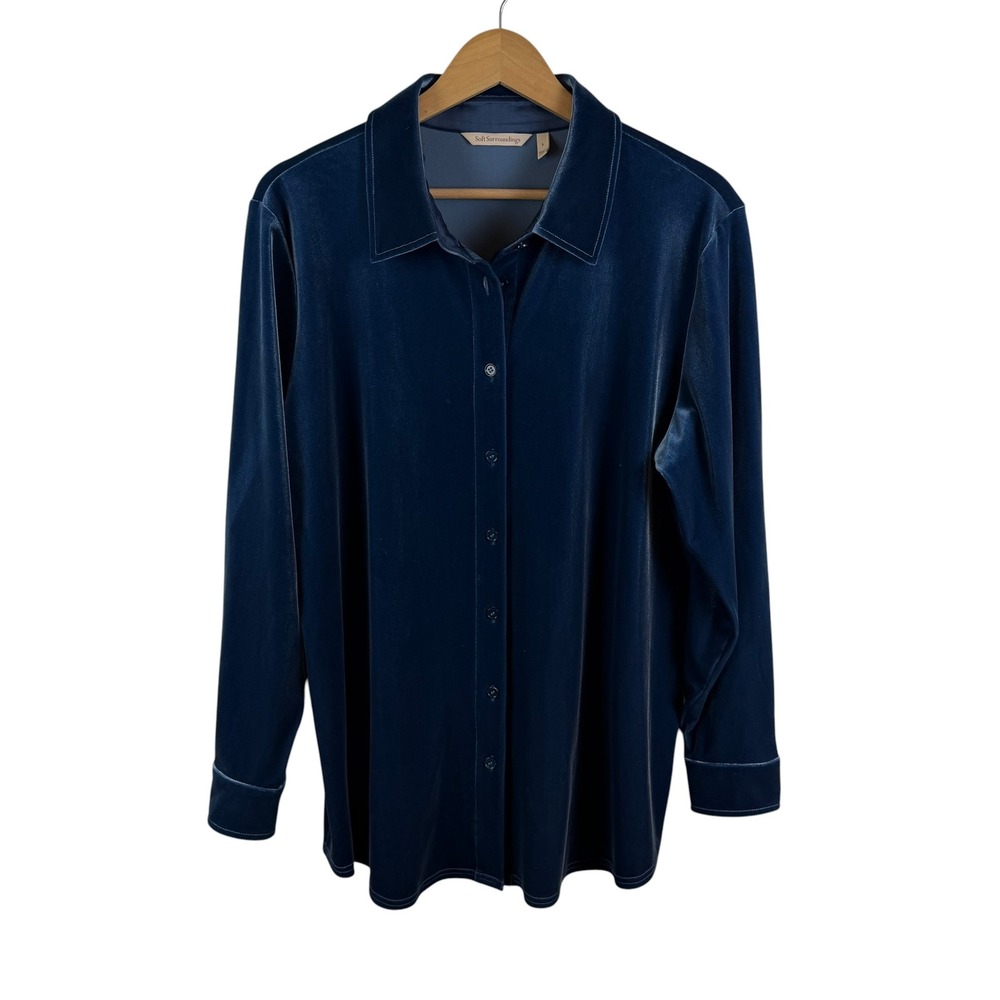 Soft Surroundings Blue Velvet Button Down Shirt Large Holiday Quiet Luxury Comfy
